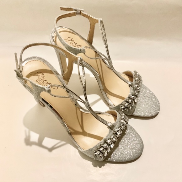 BADGLEY MISCHKA Peaches Crystal Adorned Glitter Stilettos Silver Dress Sandal 10 - Picture 8 of 13